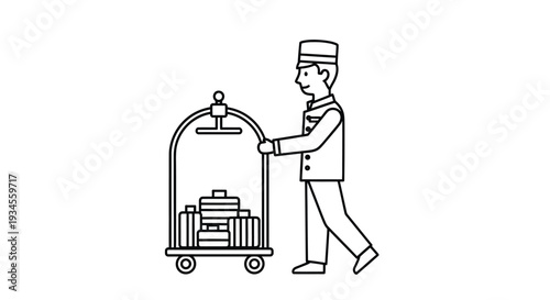A simple line drawing of a hotel bellhop with luggage cart