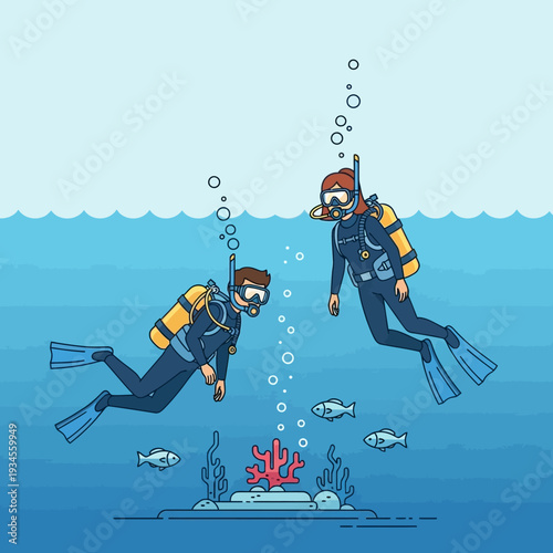 Couple scuba diving underwater exploring coral reef and fish, blue ocean