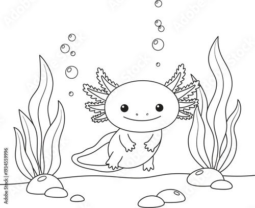 Smiling axolotl underwater scene with seaweed and bubbles