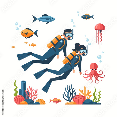 Couple scuba diving underwater exploring coral reef with fish and marine life