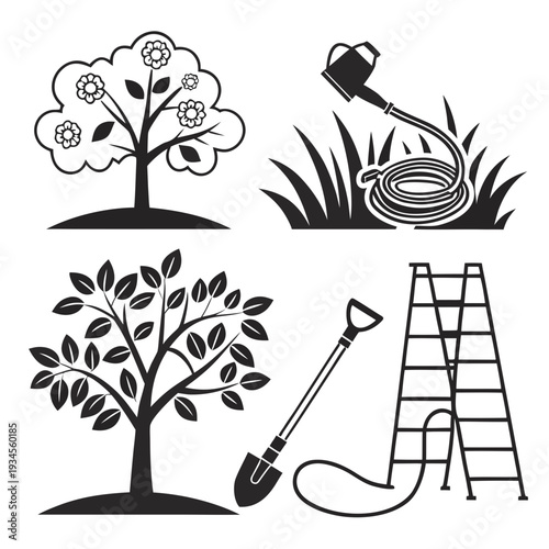 Gardening tools and trees for yard work