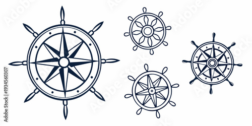 Four different types of ship wheels and steering mechanisms from ancient times