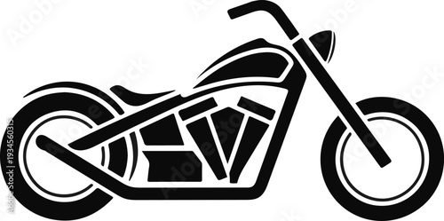 Stylized black silhouette of a chopper motorcycle viewed from the side isolated on a transparent background
