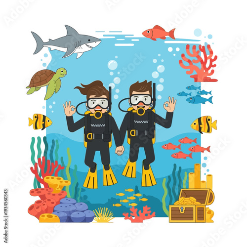 Couple Scuba Diving, Holding Hands Underwater with Shark, Turtle, Fish, Coral and Treasure Chest