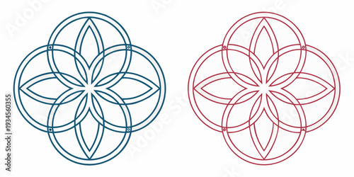 Two symmetrical floral designs in contrasting colors of blue and red