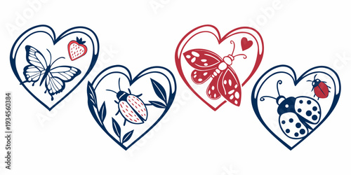 Three hearts with blue and red patterns and designs on a white background