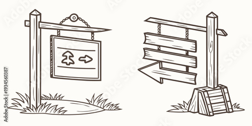 Two distinct signs in a grassy area, one with a dog and the other with an arrow.