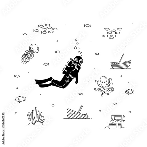 Diver exploring sunken treasure chest and shipwrecks underwater with octopus and jellyfish