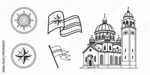 A collection of historical symbols and landmarks representing various nations and their heritage.