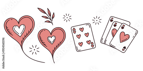 Valentine's day playing cards with heart symbols and a single arrow