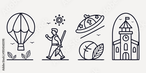 A whimsical illustration of a hot air balloon, a scientist, a flying saucer, and a church.