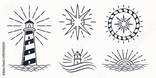 Illustrations of a lighthouse, starburst, sun, and ocean waves in black and white