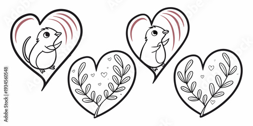 Four hearts with cute animals in the center, including a cat, a dog, a rabbit, and a bird.