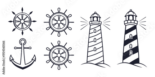 Collection of nautical symbols and lighthouse illustrations in black and white