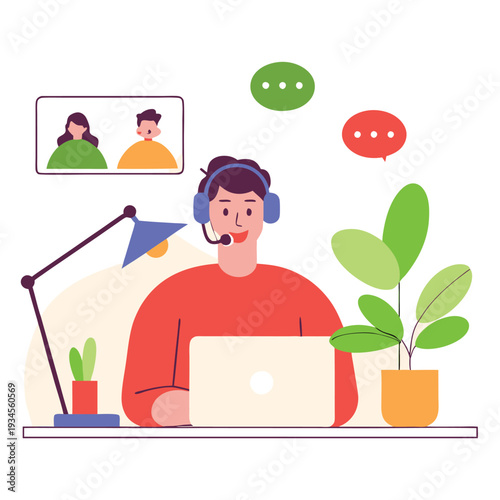 Virtual Meeting Flat Illustration Teleconference Remote Collaboration Office Work Online Chat Plant Lamp Red Shirt Vector Art