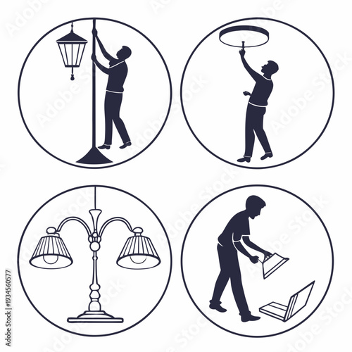 Four silhouettes of people installing street lamps