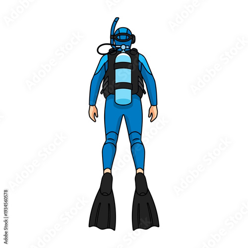Scuba Diver Back View Blue Wetsuit Fins Tank Snorkel Gear Underwater Exploration