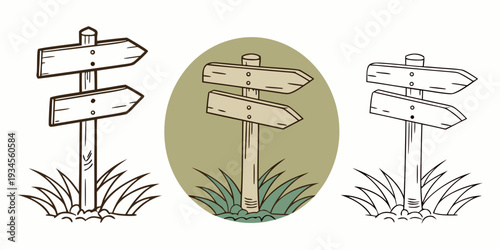 Three signs pointing in different directions, each with unique symbols and colors.