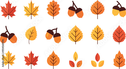 Autumn Leaves and Acorns Icon Set with Maple Oak Fall Foliage Seasonal Nature Elements Flat Vector Collection