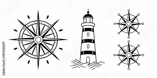 Three compasses and a lighthouse on a black and white illustration