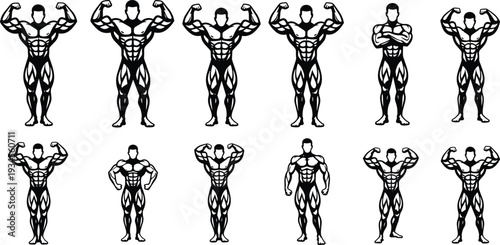 Black and white of muscular men in various poses bodybuilding flexing