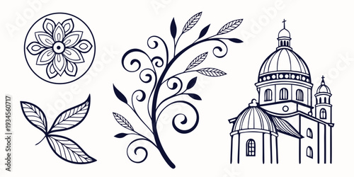 Intricate black and white illustrations of nature and architecture