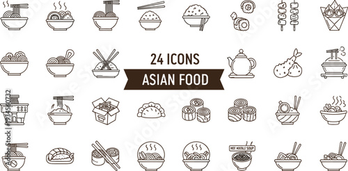 Asian Food Outline Icon Set Featuring Sushi Ramen Dumplings Noodles Tea Skewers and Traditional Oriental Cuisine Symbols in Minimal Editable Stroke Vector Illustration Collection