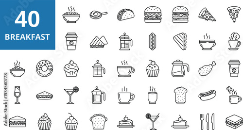 Breakfast Food Outline Icon Set Featuring Coffee Donut Cupcake Sandwich Taco Burger and Beverage Symbols in Minimal Editable Stroke Vector Illustration Collection with 40 Icons
