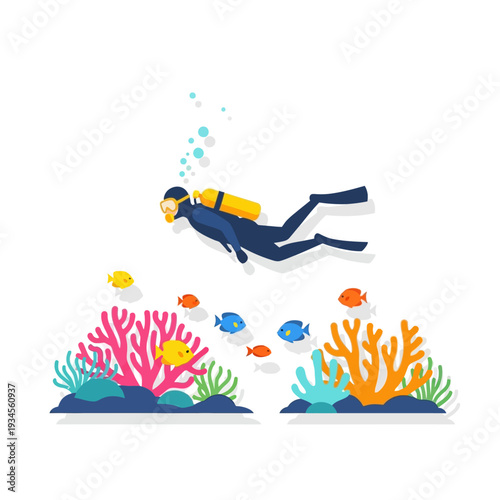 Scuba diver exploring colorful coral reef with tropical fish underwater