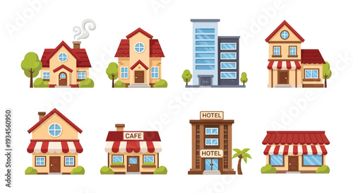 Colorful cartoon illustration featuring various types of buildings and homes