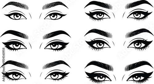 Black and white of twelve different female eyes with various eyebrow and eyeliner styles eyebrows