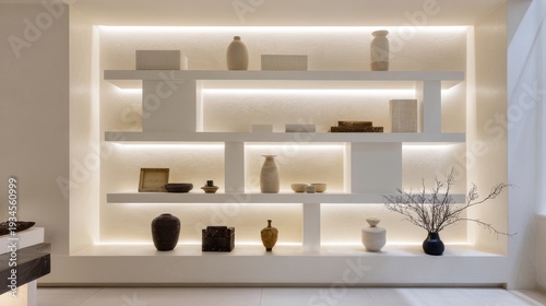 Modern Minimalist Shelving Display with Elegant Vases and Decorative Objects in Soft Lighting for Home Decor Inspiration