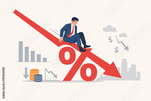 Sad businessman sliding down a red downward arrow on a percent symbol, representing economic recession, interest rate cuts, financial crisis, market crash, and inflation reduction concept.