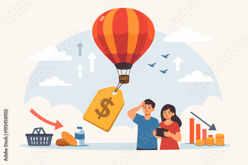 Inflation Concept with Hot Air Balloon Lifting Dollar Price Tag, Worried Couple Facing Rising Cost of Living, Decreasing Purchasing Power, Economic Crisis, Financial Struggle, and High Food Prices
