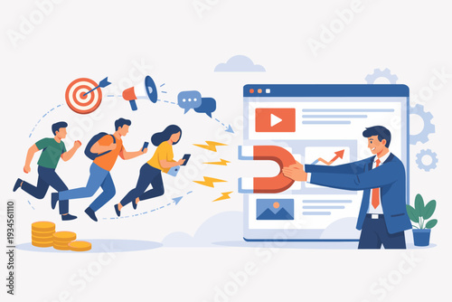 Lead Generation Digital Marketing Campaign Concept with Businessman Using Magnet to Attract New Customers and Clients to Website for SEO Strategy, Sales Conversion, and Business Growth Success