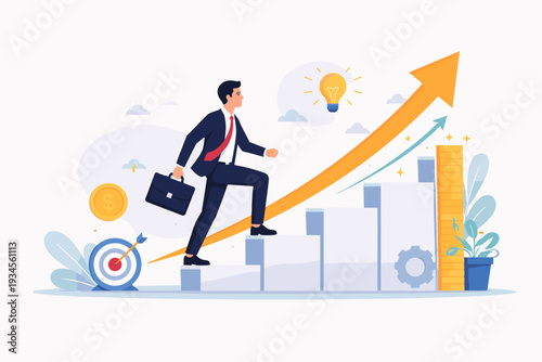 Businessman climbing a staircase to success with an upward arrow, lightbulb for ideas, target for goals, and gold coins. Concept of career growth, financial improvement, and professional achievement.