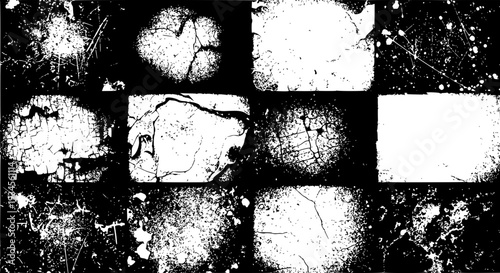 Grungy rectangle set with black and white textures, scratches, and cracks, creating a distressed and worn look.