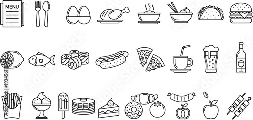 Food and Beverage Outline Icon Set Featuring Burger Pizza Fish Fries Coffee Beer Wine and Dessert Symbols in Minimal Editable Stroke Vector Illustration Collection