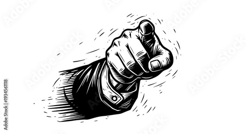 Hand giving gesture with index finger pointing forward in black and white sketch style with motion lines and sleeve cuff details, conveying a sense