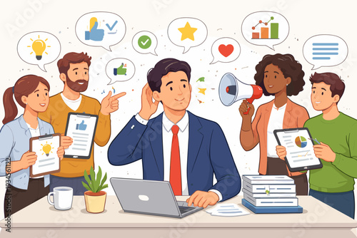 Good Listener Boss Listening and Accepting All Opinions, Suggestions, or Customer Feedback Concept. Smart Businessman at Desk with Diverse Team Members Sharing Ideas and Data in Office Setting.