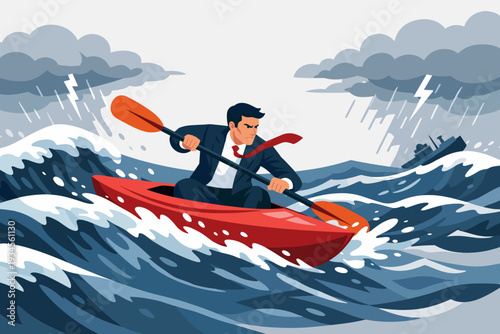 Businessman in Suit Kayaking Through Stormy Sea with High Waves and Lightning, Concept of Leadership Overcoming Business Difficulty, Crisis Management, Resilience and Decision Making to Survive