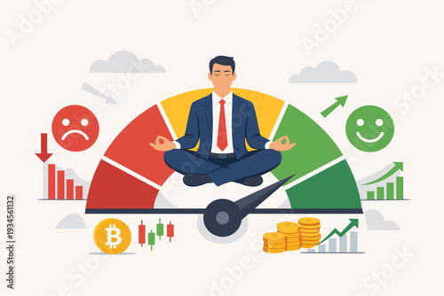 Market Sentiment Fear and Greed Index with Businessman Meditating for Emotional Control in Stock Market and Cryptocurrency Trading, Financial Indicator for Investor Psychology and Risk Management