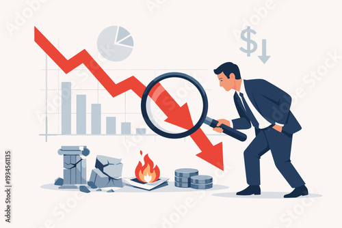 Businessman Analyzing Financial Market Crash and Economic Recession with Magnifying Glass, Falling Red Arrow, Broken Columns, and Burning Documents, Learning from Failure and Business Crisis.