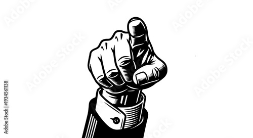 Hand giving signal with index finger pointing up, illustrated in black and white vintage line art style with shading