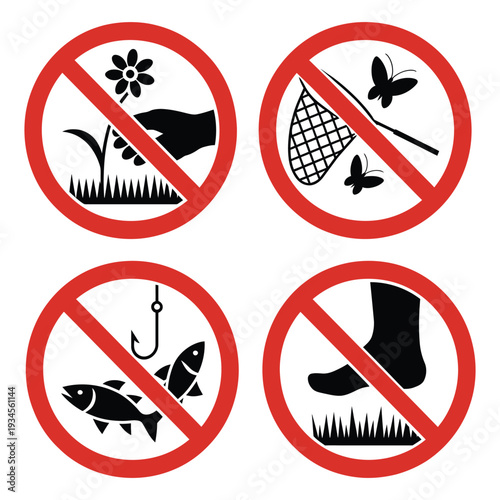 Set of four prohibition signs with forbidden activities including picking flowers, catching butterflies, fishing, and stepping