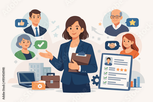Professional Woman Recruiter Holding Clipboard with Diverse Candidate References, Job Application Resume with Checkmarks and Stars, Icons for Hiring Process, Career Growth, Recommendation