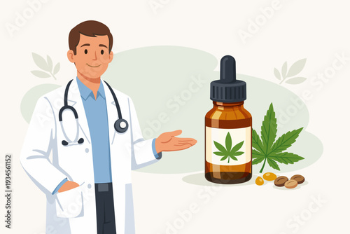 Professional male doctor in white coat with stethoscope presenting medical cannabis oil extract in dropper bottle for healthcare treatment, legal marijuana therapy and CBD prescription concept.