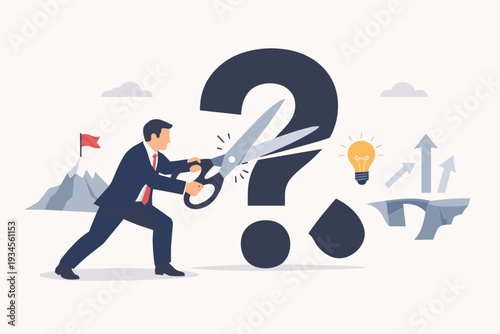 Businessman Cutting Large Question Mark with Scissors to Solve Problems, Overcoming Uncertainty and Confusion, Business Strategy, Innovation, Decision Making, Finding Answers, Success Concept