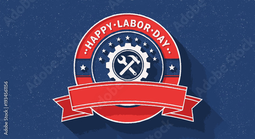 Labor day banner with hammer and sickle icon red and blue ribbon stars and gear on blue background vector illustration