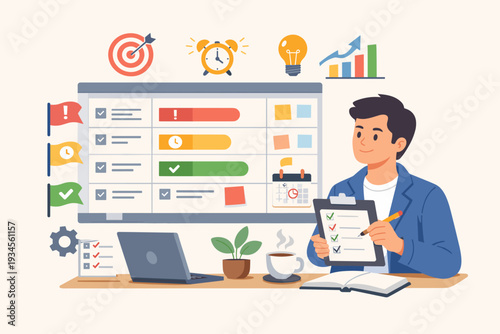 Professional Man Organizing Work Agenda and Prioritizing Tasks Using Digital Dashboard with Priority Flags, Urgency Levels, Checklist, and Time Management Icons for Business Productivity.